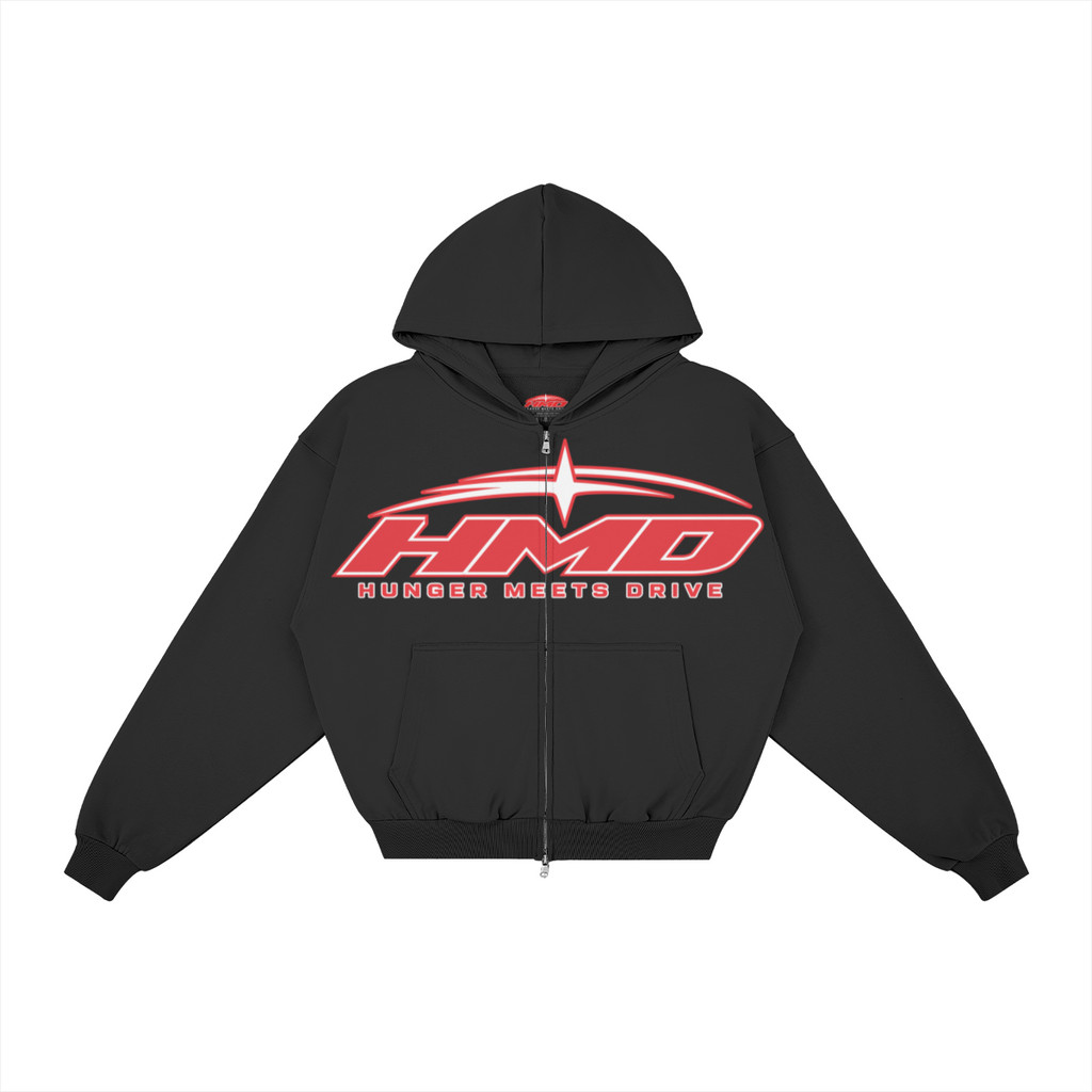 HIGHER PURPOSE 001 Black 400GSM full-zip hoodie with red HMD artwork