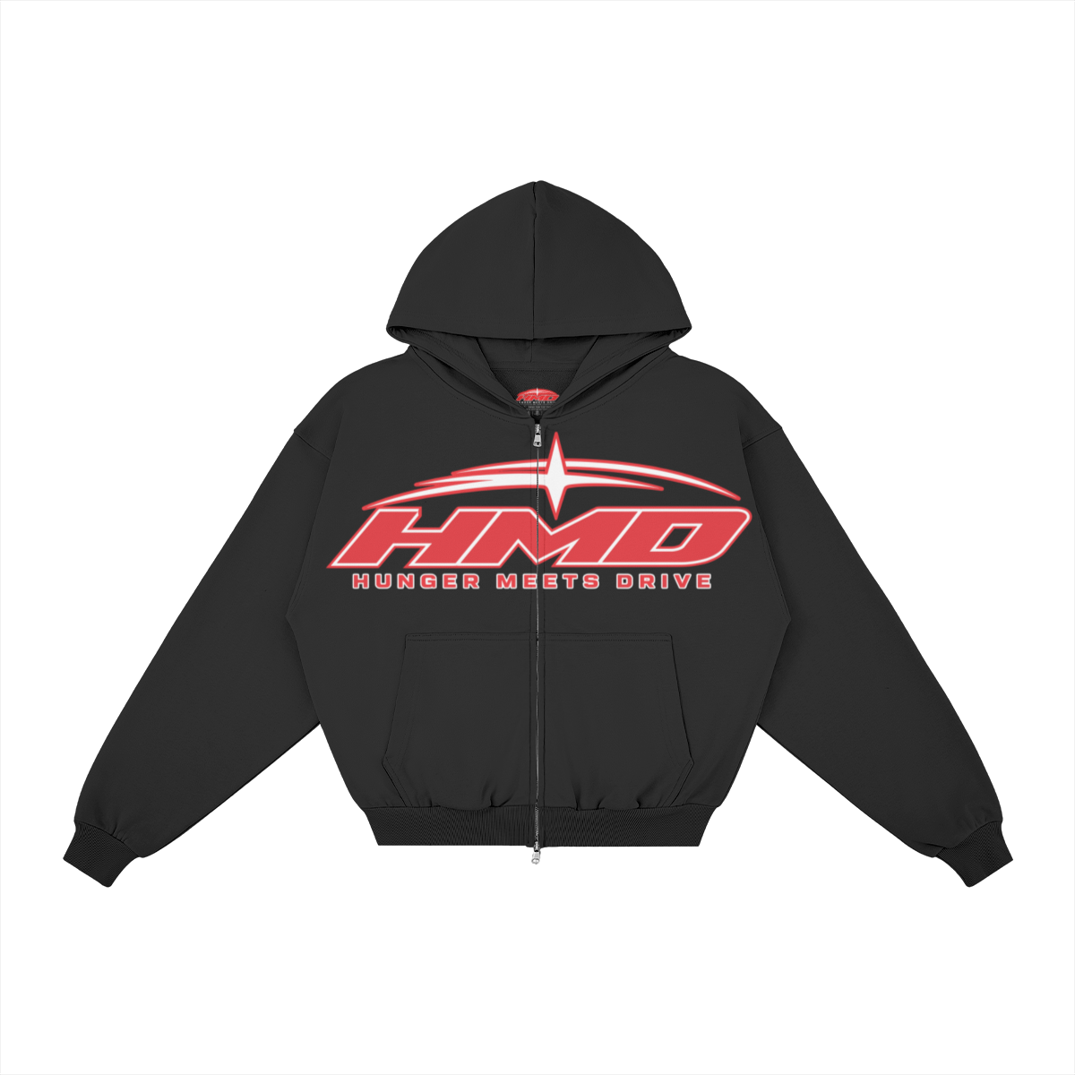 HIGHER PURPOSE 001 Black 400GSM full-zip hoodie with red HMD artwork
